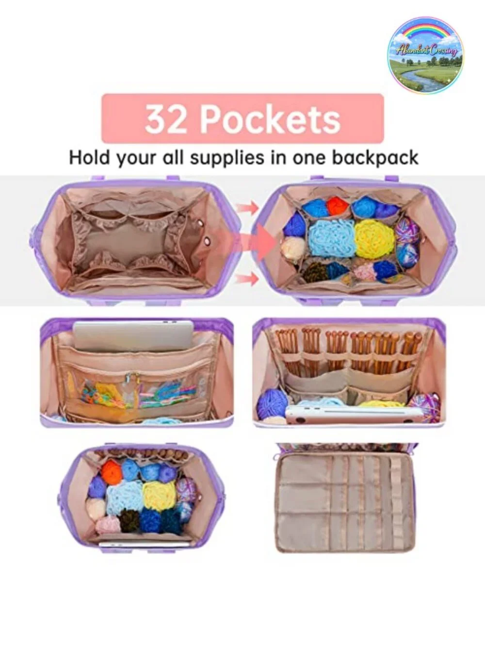 Large Knitting Bag Backpack Yarn Storage Organizer with USB Port for Travel